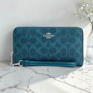 Coach CW778 Long Zip Wallet Signature Canvas Silver/Aquamarine Blue NWT